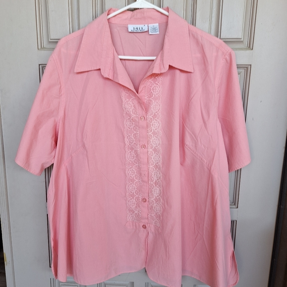 1411 Plus Sz3X Blouse Buttondown Short Sleeves Collar Lace Inset Lt Weight Nice